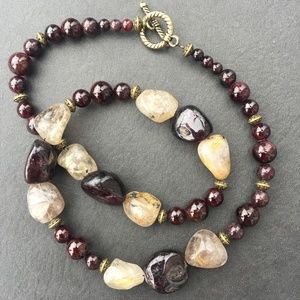 22” Garnet, Onyx/Rutilated Quartz Necklace